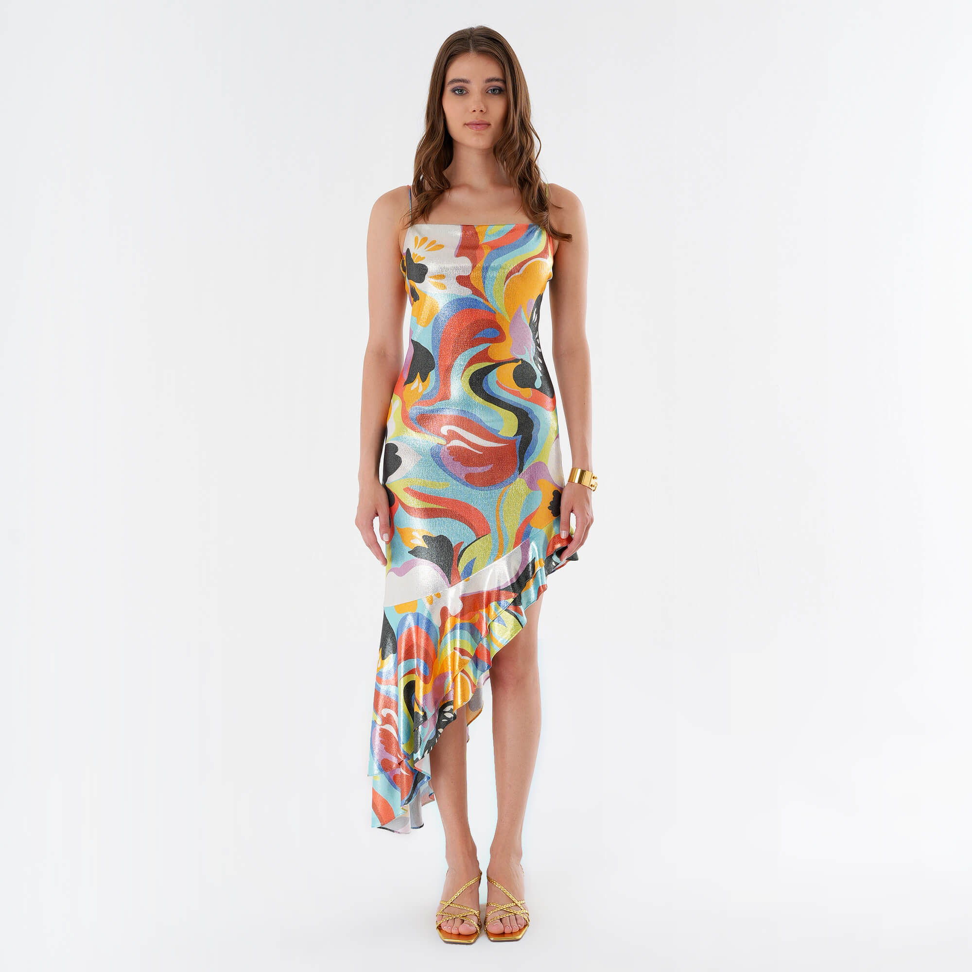 Etro - Asymmetric Ruffled Printed Stretch Lame Dress in Multi IT44